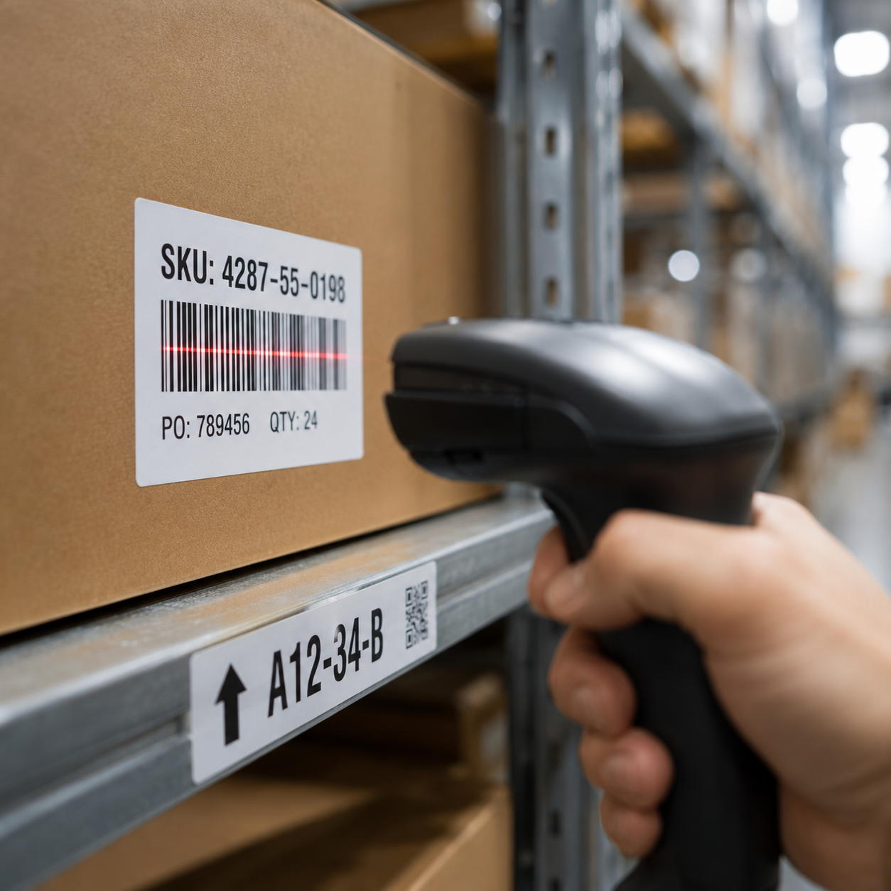 Barcode scanner reading an SKU label on a box on a warehouse shelf