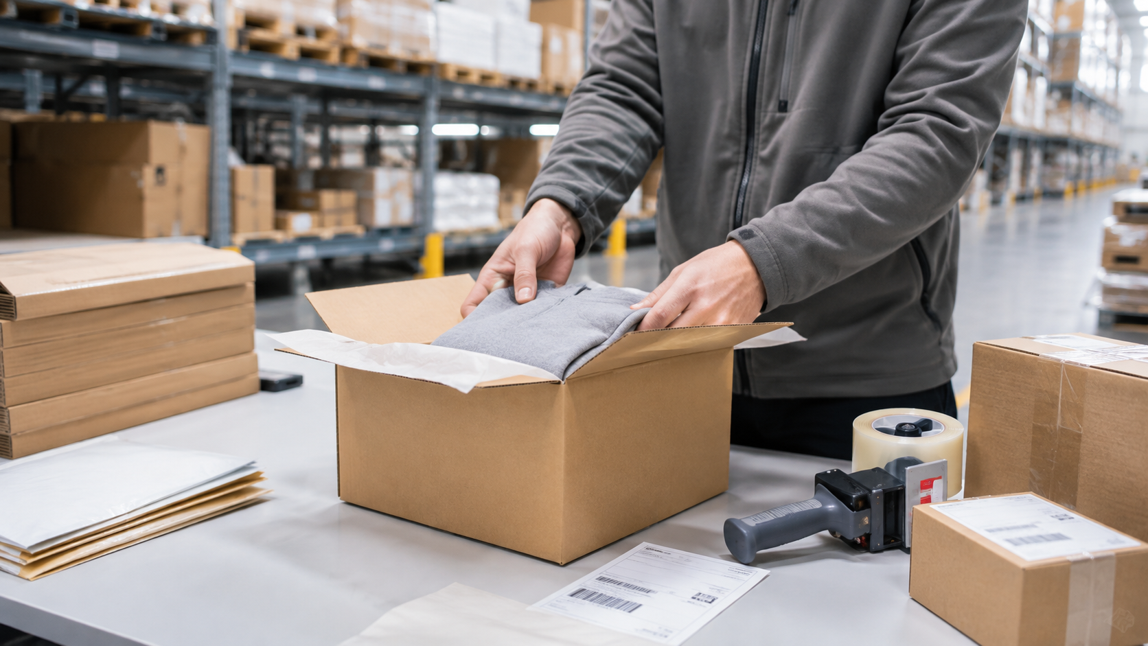 Operator packing an order into a cardboard box at a pick and pack station